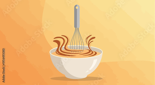 Vector illustration showcasing a whisk mixing ingredients in a bowl on warm backdrop