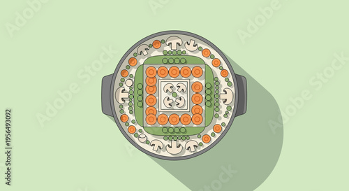 Vegetable composition in pot, symmetrical arrangement of colorful ingredients, abstract design