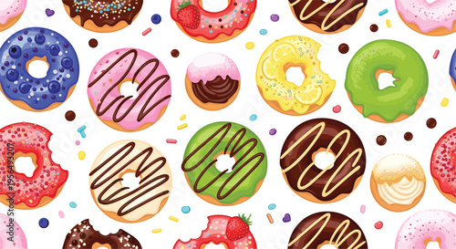 Colorful Donut Seamless Pattern with Chocolate Glazed Frosted Sprinkled Doughnuts Background for Bakery Packaging Textile Wallpaper and Sweet Food Design
