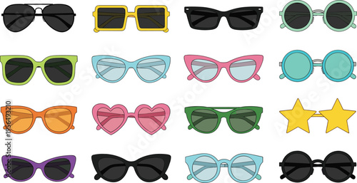 Collection of sixteen stylish sunglasses in various shapes and colors, fashion eyewear assortment, trendy accessories, modern glasses design, summer style, vector illustration concep