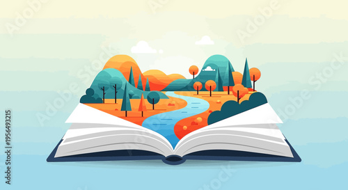 Vibrant landscape illustration emerging from the pages of an open book concept