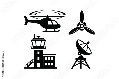Minimalist airport transport and radar station vector icon set