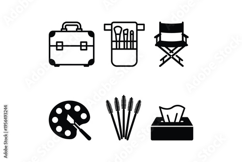 Professional makeup artist tools and equipment icon set - Beauty salon and cosmetic studio black and white icons