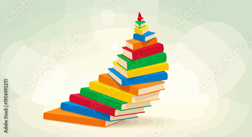 Vibrant multicolored book stack forms a symbolic stairway to knowledge and education