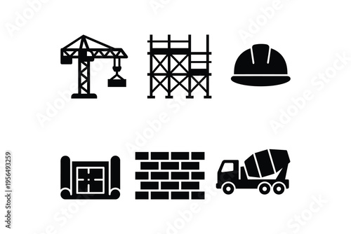 Construction site equipment silhouette icon set flat design - Building industry heavy machinery and tools vector collection