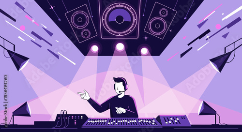 Vibrant music production scene illustration with sound engineer mixing music in studio