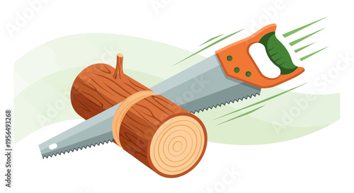 Vibrant sawing illustration featuring a wood log and a handsaw on a light green background