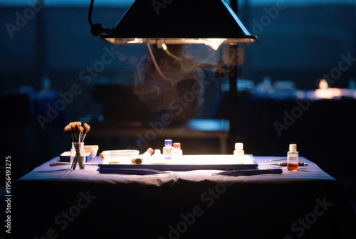 Thriller investigation scene in forensic lab dramatic lighting close-up view