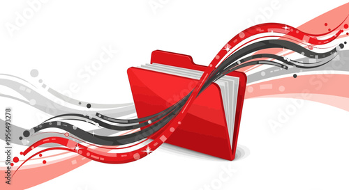 Vibrant red folder with dynamic graphic elements representing document flow and information