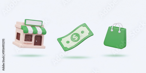 Online Shopping and Retail Business Icons Featuring Storefront, Cash Payment, and Shopping Bag for E Commerce, Marketing, and Digital Sales Concepts in 3D Style