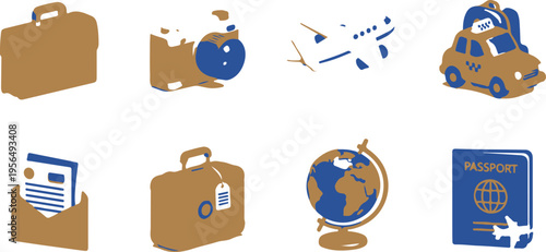Flat lay travel essentials with luggage, globe, passport, and toy airplane on light background