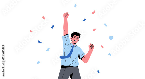 Vector illustration of a young happy man celebrating success with confetti falling around him in