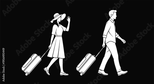 ector illustration of two travelers walking with luggage, stylish tourist couple in motion, vacation journey concept, airport passengers, holiday trip, tourism lifestyle desig