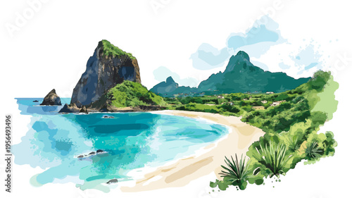 Fernando de Noronha Islands. Fernando de Noronha Islands hand drawn watercolor illustration