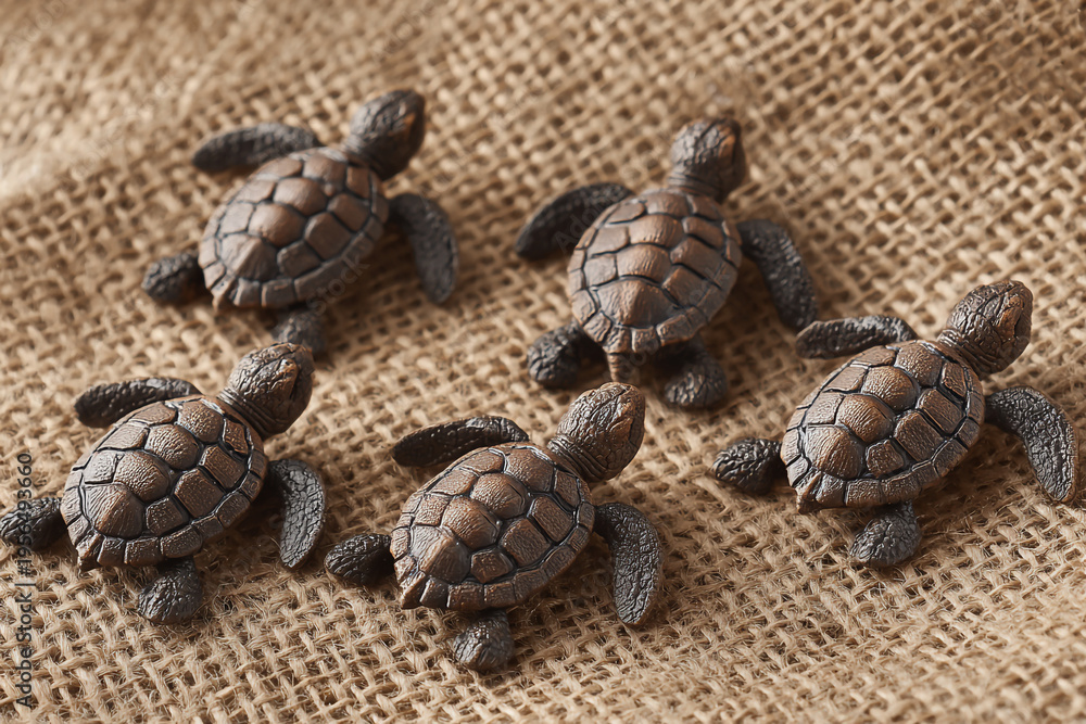 Obraz premium Five miniature sea turtle figurines crawl across burlap fabric.