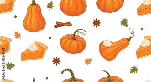 Autumn Pumpkin Pie and Spice Seamless Pattern Vector with Gourds, Cinnamon, Leaves, and Dessert Elements for Fall Season and Thanksgiving Design