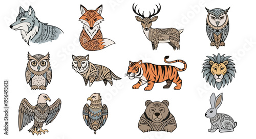 A collection of various animal spirit tribal illustrations featuring a wolf, fox, deer, lion, owl, tiger, bear, rabbit, and eagle on a white background