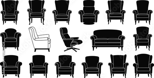 Silhouettes of armchairs, recliners, and sofas, vector illustration of seating furniture designs for interior design, home decor, cataloging, and style reference concepts
