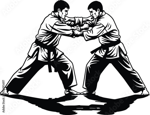 Martial arts sparring silhouettes, vector illustration of judo practitioners grappling in traditional gi uniforms for sports, training, combat, and design concepts