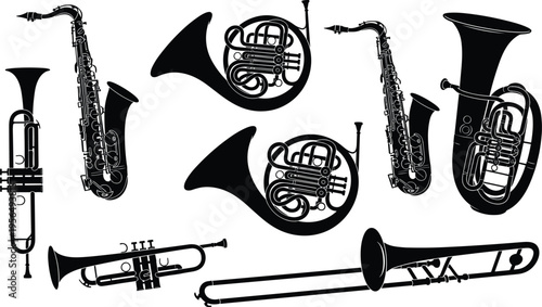PrintSilhouettes of brass and woodwind instruments, vector illustration of saxophones, trumpets, French horns, trombone, and tuba for orchestra, jazz, and band design concepts