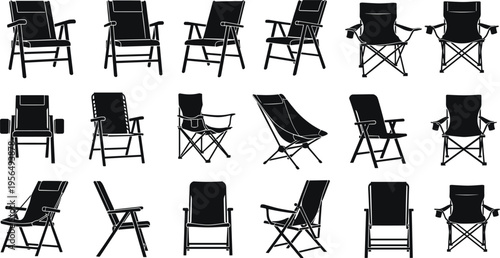 Silhouettes of folding and camping chairs, vector illustration of portable seating designs for outdoor activities, travel, leisure, and furniture design concepts