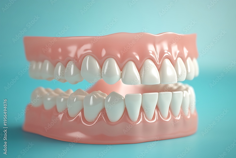 Obraz premium Dental model of human teeth on a blue background for educational purposes