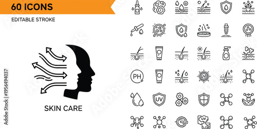 Skincare and dermatology line icon set featuring UV protection, facial treatment, serum pipette, moisturizer cream, sunblock SPF, chemical formulas, and skin health vector illustrations.