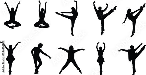Silhouettes of dancers in dynamic poses, vector illustration of ballet and contemporary dance movements for performance, art, flexibility, and design concepts