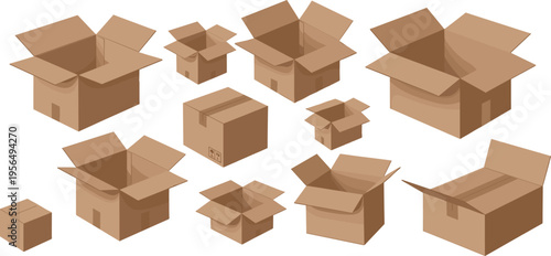 Cardboard Box Vector Set with Open and Closed Packaging Carton Collection Isolated on White Background for Shipping Storage Moving and Delivery Design