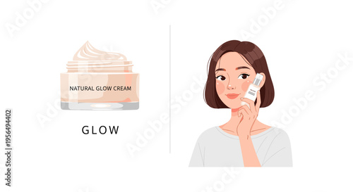 Woman applying Natural Glow Cream in soft warm lighting for skincare advertising