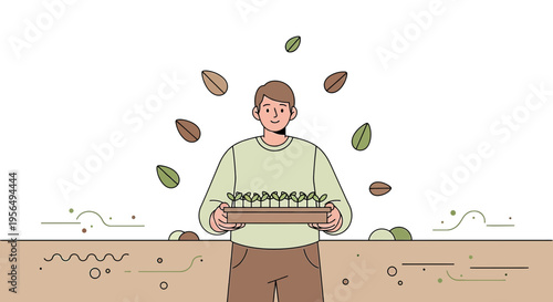 Man holding tray of seedlings with floating leaves, representing growth and agriculture