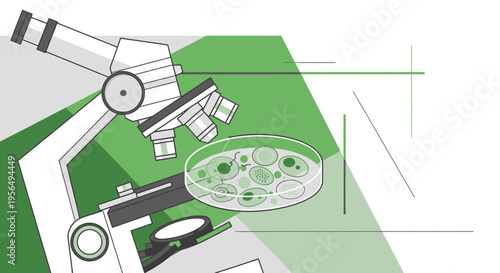 Microscopic exploration revealing cellular life within a petri dish illustration