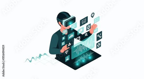 Man interacting with virtual reality applications and immersive digital environment landscape