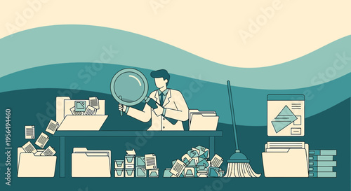 Man Inspecting Data with Magnifier Illustration for Organized Document System