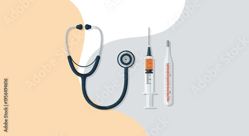 Medical instrument still life featuring a stethoscope, syringe, and thermometer for healthcare