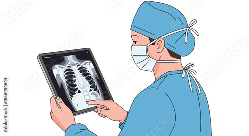 Medical professional examines a patient's chest x-ray on a tablet for diagnostic purposes