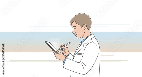 Medical professional interacting with a digital tablet and stylus within a modern healthcare