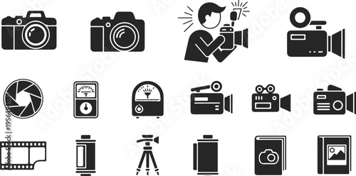 flat lay collection of black and white photography and videography equipment icons on light background