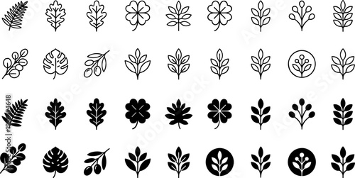 Botanical icons silhouette and outline vector illustration featuring leaves, floral motifs, branch patterns, decorative nature design, and symmetry