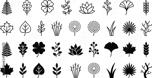 Botanical icons silhouette vector illustration featuring pine trees, clovers, lotus flowers, ginkgo leaves, maple leaves, and decorative plant motifs