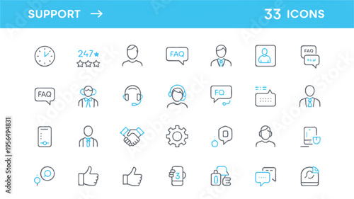 Collection of line style support and customer service icons for business and communication needs