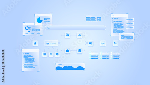 AI workflow automation artificial intelligence. ai agent network node diagram connecting node input, processing flow, coding, data analytics panel, and automation flow.