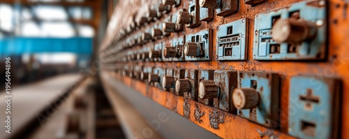 Close-up of a long, rusty industrial control panel with weathered blue dials and knobs, creating a repeating pattern with shallow DOF. A glimpse into a factory's forgotten past.