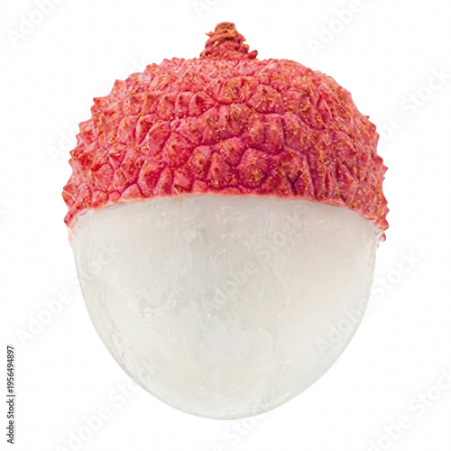 Single Peeled Lychee Fruit Showing Translucent White Flesh and Textured Red Skin