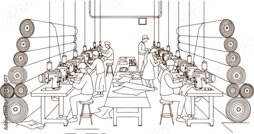 Garment Factory Production Line with Workers Operating Sewing Machines – Black Line Art Vector Illustration