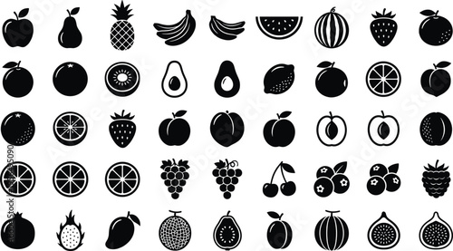 Fruit icons silhouette vector illustration featuring apples, pears, bananas, pineapples, berries, citrus, tropical motifs, and decorative abstract design