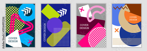 A vibrant Memphis-style background. A set of geometric cover designs. Unique covers, banners, and posters. Vibrant colors