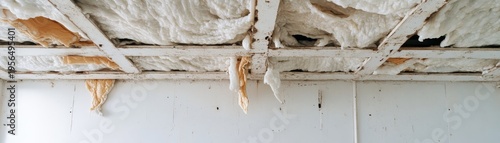 Damaged ceiling, low-angle, revealing white and yellowed fibrous insulation hanging from old, dirty wooden beams above a weathered white wall, symbolizing neglect and deterioration.