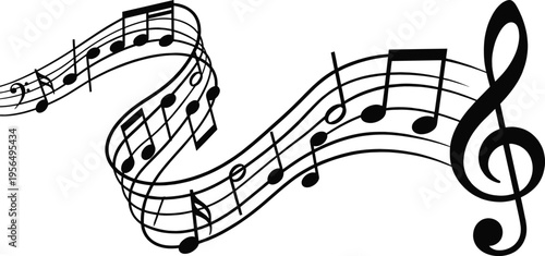 Musical staff silhouette vector illustration featuring treble clef, flowing notes, rhythmic melody motif, sound motion symbolism, and decorative design