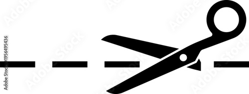 Scissors silhouette vector illustration featuring dashed cutting line, coupon symbol, craft template motif, and decorative minimal design